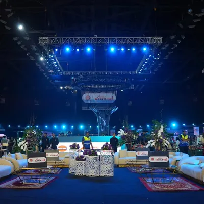 A wide view of a large-scale corporate event at the NSCI Dome. I designed the lounge seating areas and managed the overall production and fabrication for this high-profile India Luxe Gourmet event.