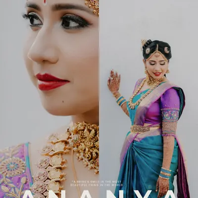 A stunning diptych of the bride, Ananya. The close-up highlights her flawless makeup and traditional jewelry, while the full shot showcases her magnificent blue and purple Kanjeevaram saree.