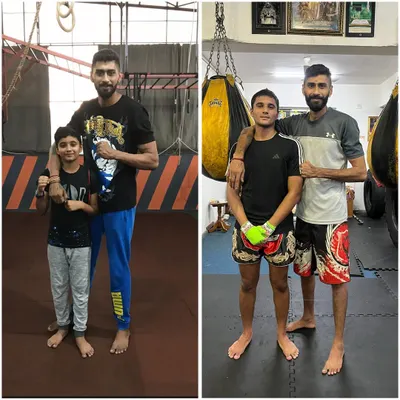 A transformation photo showing a student's journey from a young boy to a strong fighter. This is the result of years of dedication.