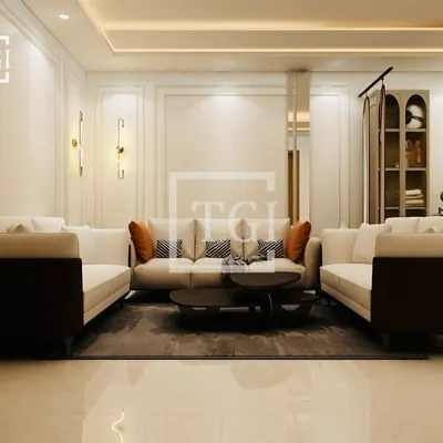 This 3D render for a New Delhi project showcases a sophisticated living room design. We used a neutral palette with elegant wall molding, modern furniture, and statement lighting to create a timeless and luxurious feel.