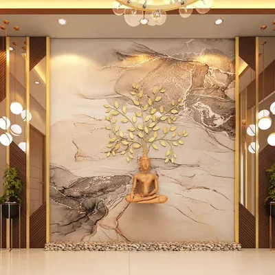 This foyer is designed to be a tranquil and awe-inspiring entrance. A golden Buddha statue sits before a Bodhi tree sculpture, set against a dramatic marble-effect wall with wood and brass accents.