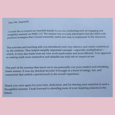A heartfelt typed letter from a seminar participant who found the practical strategies and creative break sessions to be impactful and easy to implement in the classroom.