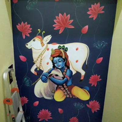 This Pichwai-style Krishna wall mural is very close to my heart. I painted it for a client's home temple, aiming to create a divine and peaceful atmosphere with the depiction of Krishna, his cow, and the surrounding lotus flowers. 🙏
