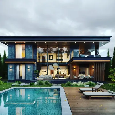 This 3D architectural render showcases a modern luxury villa designed with seamless indoor-outdoor living in mind. The design features large glass walls for natural light, a private pool, and a focus on clean lines and natural materials, representing our vision for high end residential architecture.