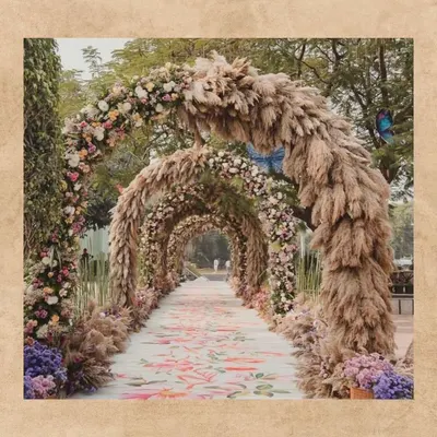 I love creating pathways that tell a story. This bohemian-inspired wedding entrance features grand arches of pampas grass and delicate florals over a custom-printed carpet, guiding guests through a whimsical, rustic tunnel.