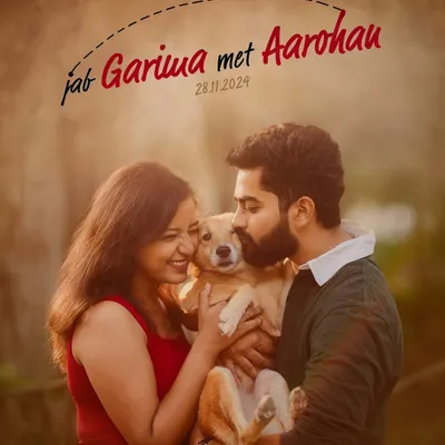 A cinematic poster from my own pre-wedding shoot with my husband, Aarohan. I love creating a unique story for each couple, and this "Jab Garima met Aarohan" concept was our fun way of announcing our journey together.