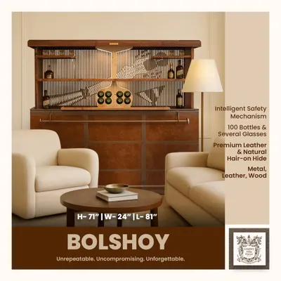 A detailed look at the Bolshoy automated bar. This unit is engineered to hold up to 100 bottles and glasses, featuring premium leather, natural hair-on-hide, and an intelligent safety mechanism for secure operation.