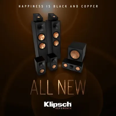 We use premium speaker systems like the Klipsch Reference series to deliver powerful, lifelike sound. This collection, with its signature black and copper design, provides a complete audio solution, from floorstanding towers to surround speakers and subwoofers.
