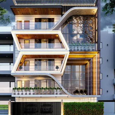 This modern facade for an urban residence features dynamic, angular forms and curved white elements that create a sense of movement. Large glass sections are framed by these geometric shapes, with a decorative honeycomb screen adding texture.