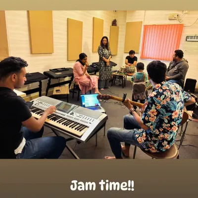 Jam time in our studio. This is where the magic begins, with our musicians on keyboard, guitar, and tabla coming together to work on new arrangements. This collaborative process ensures every performance is tight and professional.