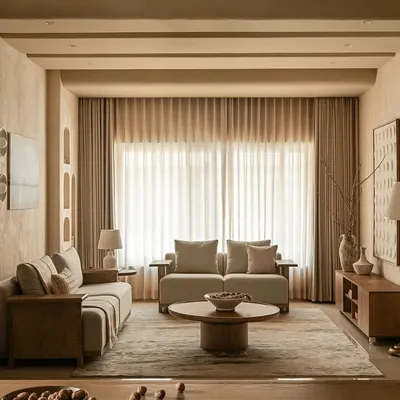 This wide view of the living room captures the essence of the home's design. I used arched openings and layered lighting to create a sense of procession and discovery, transforming a simple passage into an experience.