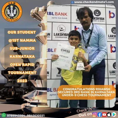 A proud moment for our student Rihansh, who secured 3rd rank in the Karnataka Under-9 category at the Namma Sub-junior Open Rapid Tournament.
