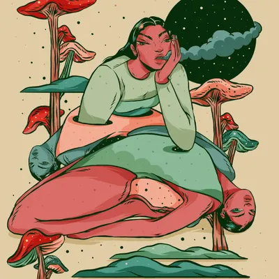 This illustration explores the feeling of escapism and daydreaming. The figures are lost in thought, floating among surreal mushrooms under a starry sky, representing a retreat into the vastness of one's inner world.