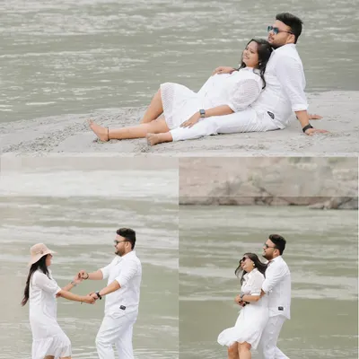 A collage of a couple in matching white outfits enjoying a relaxed day by the river. This shows a variety of candid poses, from dancing to sitting together, perfect for a casual maternity shoot.