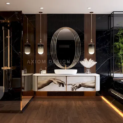 Elegance meets edge in this dark luxury washroom. We used rich textures, including dark marble and fluted wood, with warm ambient lighting to create a refined sanctuary with an alluring, moody atmosphere.