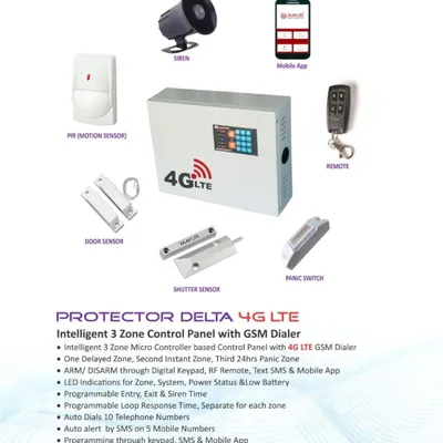 This is the complete Protector Delta 4G LTE wireless alarm system I install. You can see the main control panel, the loud siren, motion sensor, door sensor, and even a special shutter sensor for shops. Everything is controlled by the mobile app or the remote for easy use.