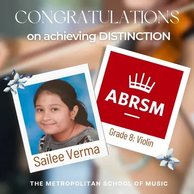 Congratulations to our student Sailee Verma for achieving a Distinction in her ABRSM Grade 8 Violin assessment. This incredible achievement is a result of her talent and dedicated online mentoring from her instructor.