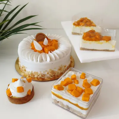A beautiful spread showcasing my seasonal mango specials. This collection includes a full Mango King Cake, individual mango cheesecakes, a mango tart, and a layered mango trifle dessert box.