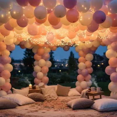 I create magical and intimate spaces perfect for a Mehndi night or a cozy pre-wedding function. This balloon canopy, woven with warm fairy lights, provides a dreamy, mandap-style seating area for an unforgettable evening outdoors.