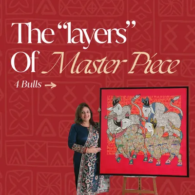 Here I am with the "Four Bulls" painting, a piece that tells the entire story of the Shiv Mahapuran. Created over three months with continuous line work, it depicts the leelas of Shiva, the jyotirlings, and his vivaha in miniature form, making it a profound statement piece for a client's living room.