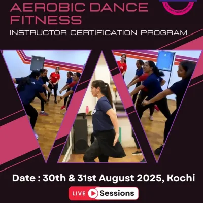 This is an announcement for our Aerobic Dance Fitness Instructor Certification Program in Kochi. We offer live sessions to teach you how to lead energetic and effective dance fitness classes.