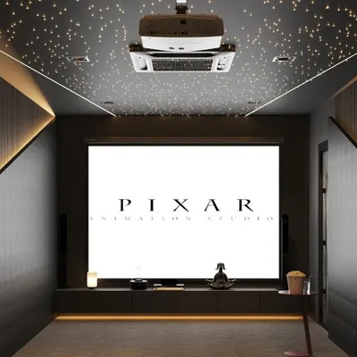 This is our vision of a perfect home theater. The render highlights the ceiling-mounted projector, the large screen for an immersive experience, and the fiber-optic starfield ceiling that adds a touch of magic. We ensure the layout provides optimal viewing from every seat.