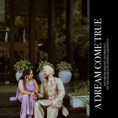 A dreamy, artistic portrait of Paramneet and Samuel, with the title 'A Dream Come True,' capturing a moment of quiet conversation on a staircase.