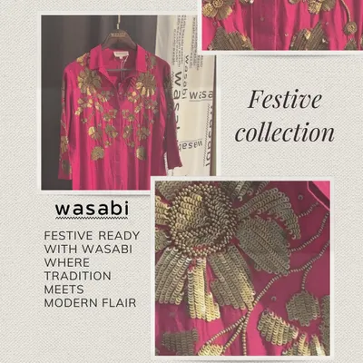This is a closer look at the festive collection, where tradition meets modern flair. The intricate gold hand embroidery on this pink silk shirt makes it truly special.