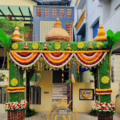 This is the kind of professional work you will learn to create. I teach you how to build a complete traditional chappara entrance, from weaving the coconut leaves to arranging the flower garlands, so you can handle big events with confidence.