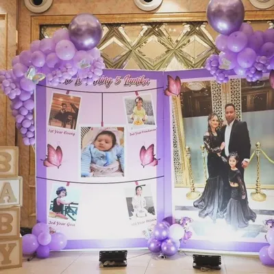 We created this enchanting butterfly and fairy theme in shades of purple. The setup included a personalized photo collage backdrop, making it a beautiful tribute for a little one's birthday celebration.