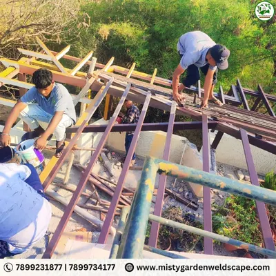 My team at work, painting and finishing the metal frame of a pergola. Every step, from fabrication to finishing, is done with care and precision.