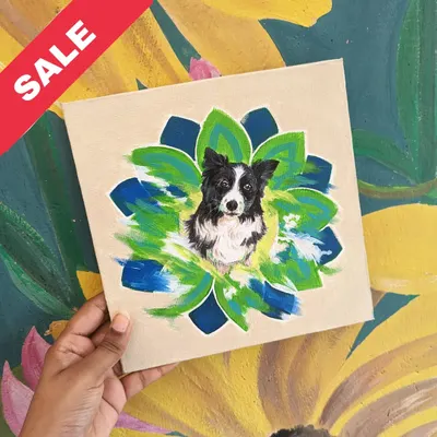 This original painting of a Border Collie is set against an abstract floral background. It's a 10x10 inch acrylic on canvas, ready to find a home.