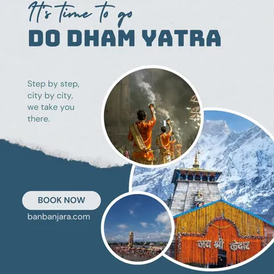 It's time to go Do Dham Yatra. This collage captures the essence of the journey: the sacred aarti, the majestic Kedarnath temple, and the breathtaking mountain landscapes you'll witness.