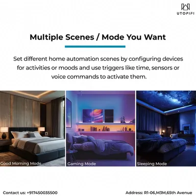 Your home, your rules. We configure custom lighting scenes like "Good Morning," "Gaming Mode," or "Sleeping Mode" that adjust multiple lights and devices together, transforming your room's environment with a single command.