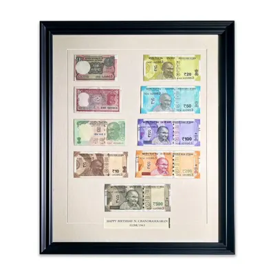 A thoughtful and unique birthday gift. This collection of Indian currency notes is arranged in a custom-cut, acid-free mat with a personalized caption. The classic Philadelphia black wooden frame gives it a timeless, elegant look.