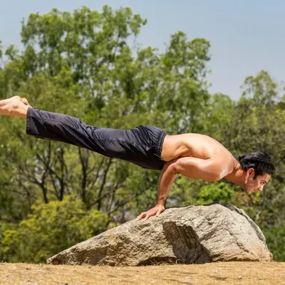 The Mayurasana (Peacock Pose) is a powerful arm balance that strengthens the entire digestive system. Here it is performed outdoors on a rock.