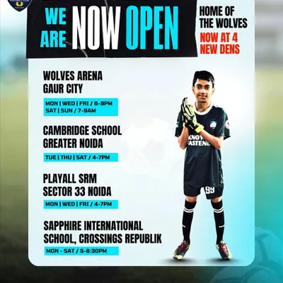 We are expanding across Noida and Greater Noida to bring top-tier football coaching closer to you. This graphic shows our four newest training centers with their respective schedules, making it easier for you to join the wolfpack.