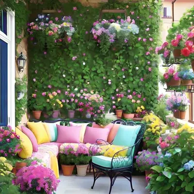 This balcony is a celebration of color, featuring a wall of lush greenery and flowers, and a comfortable bench filled with bright pink, yellow, and blue cushions. It’s a joyful and whimsical space designed to make you smile.