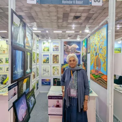 We are incredibly proud to see our students thrive. Here is Harindar ma'am, from our hobby class, standing proudly at her own stall in The Haat of Art exhibition, showcasing the amazing body of work she created with us.