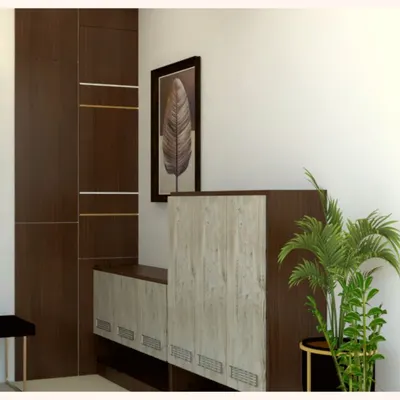 This is the 3D render I created for the entryway. It helped the client visualize the final look, showing the combination of dark wood paneling and the lighter wood-finish shoe cabinet before we started building.
