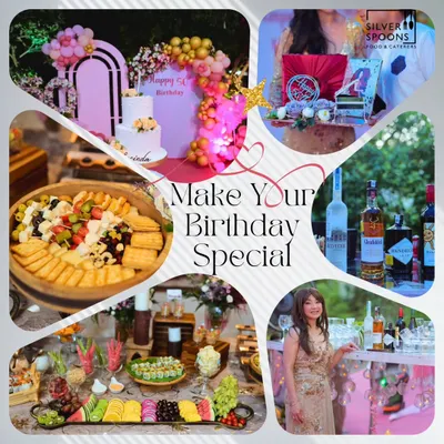 A collage celebrating a 50th birthday party I catered. It shows the beautiful decor, a lavish grazing board, a full bar setup, and the happy birthday girl.