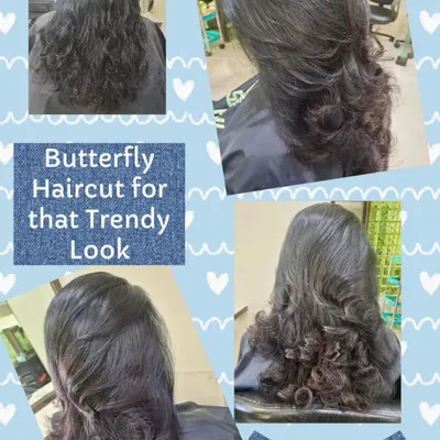 A beautiful butterfly haircut designed to create soft, face-framing layers and voluminous curls at the ends. This trendy style gives the illusion of shorter layers without sacrificing overall length.