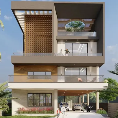 A 3D render of a modern 15,000 sq. ft. bungalow designed for a client in Ulwe. The elevation features clean lines, large glass openings, and a decorative jaali screen, creating a distinctive architectural statement while ensuring privacy and ventilation.