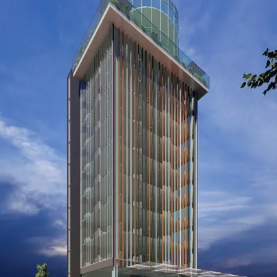A conceptual design for a high-rise commercial building featuring a dynamic facade with vertical fins. The design aims to create a sense of movement and elegance while providing practical benefits like solar shading for the office spaces within.