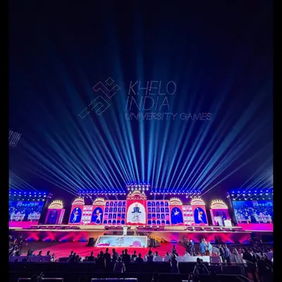The spectacular opening ceremony of the Khelo India University Games. We managed the show run, content, and stage, culminating in this breathtaking display of lights and graphics.