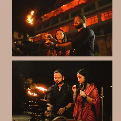 A truly divine moment captured during the Ganga Aarti in Rishikesh. The fire, the faith, and their shared reverence create a powerful and unforgettable image.