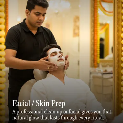 Great skin isn't just for the brides. We offer dedicated facial and skin prep services for grooms, ensuring you look naturally radiant and refreshed for every wedding ritual.