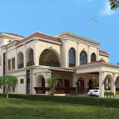 An architectural render of the Veerabhavana Villa in Mangalore. As a corner site, it was important to focus on the facade on both sides of the building, ensuring the Mediterranean-inspired design with its elegant arches was impressive from all viewpoints.
