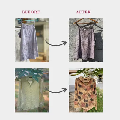 A clear look at the before and after. On the left, a simple top and a stained shirt. On the right, the same pieces are reborn with beautiful, natural patterns from eco-printing and tie-dye techniques.