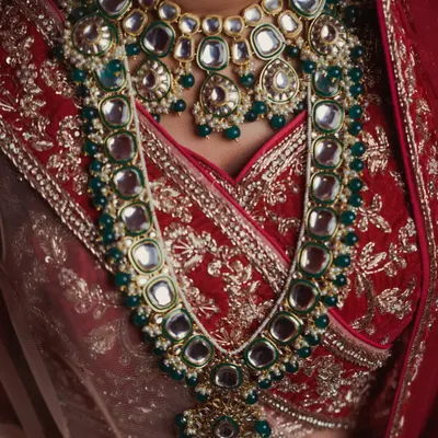 A close-up of a bride's layered kundan necklace. I love capturing these wedding day detail shots that showcase the artistry of Indian bridal jewelry and the texture of the wedding attire.